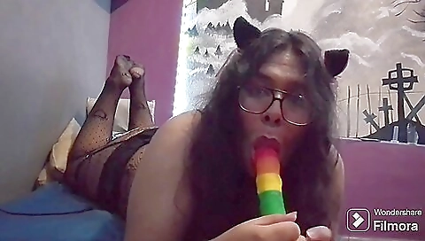Chubby Trans Catgirl Fucking Her Dildo